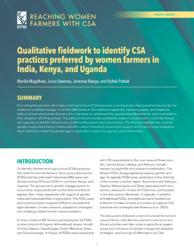 Qualitative fieldwork to identify CSA practices preferred by women farmers in India, Kenya, and Uganda