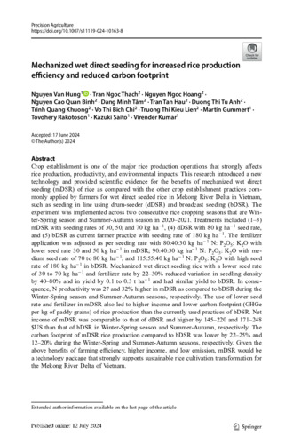 Mechanized wet direct seeding for increased rice production efficiency and reduced carbon footprint