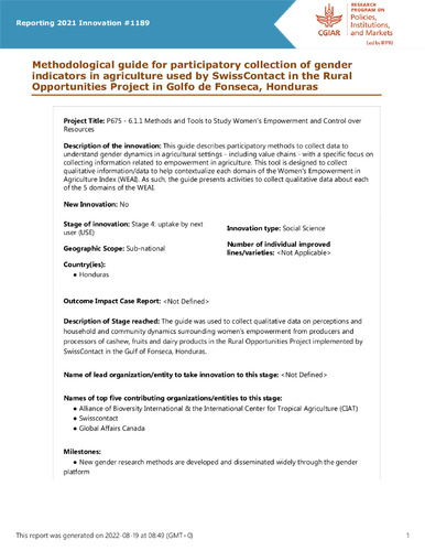 Methodological guide for participatory collection of gender indicators in agriculture used by SwissContact in the Rural Opportunities Project in Golfo de Fonseca, Honduras