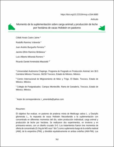 Momento de la suplementación sobre carga animal y producción de leche por hectárea de vacas Holstein en pastoreo