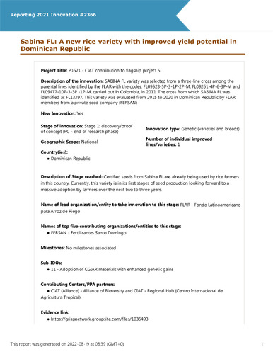 Sabina FL: A new rice variety with improved yield potential in Dominican Republic