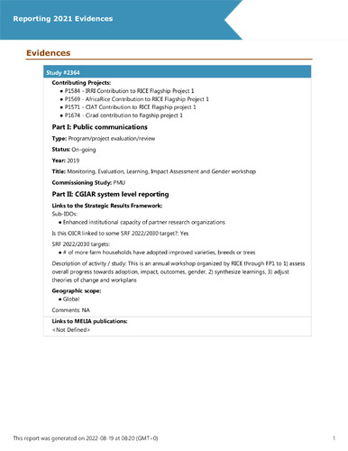 Monitoring, Evaluation, Learning, Impact Assessment and Gender workshop