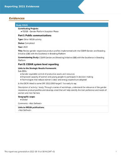 Review gender responsive product profiles implemented with the CGIAR Gender and Breeding Initiative (GBI) with the Excellence in Breeding Platform