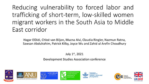 Reducing vulnerability to forced labor and trafficking of short-term, low-skilled women migrant workers in the South Asia to Middle East corridor