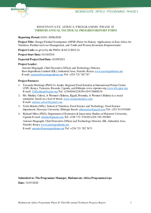 2020 First Semester Report - Orange-fleshed Sweetpotato (OFSP) puree for bakery applications in east Africa for nutrition, post-harvest loss management, and youth & women economic empowerment Project