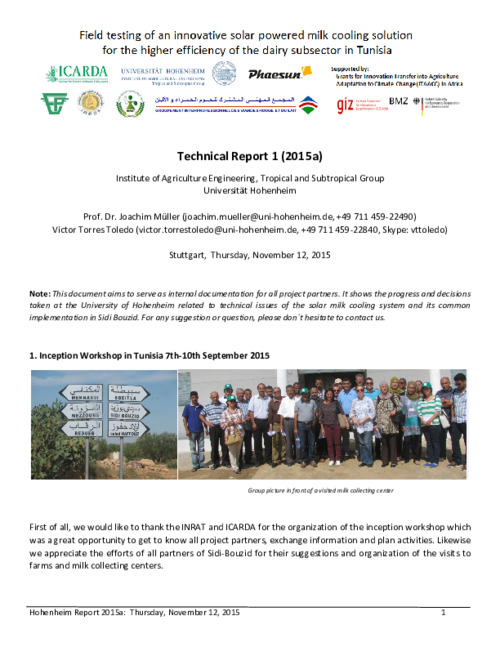 Field testing of an innovative solar powered milk cooling solution for the higher efficiency of the dairy subsector in Tunisia: Technical Report 1