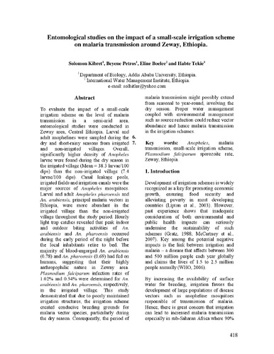 Entomological studies on the impact of a small-scale irrigation scheme on malaria transmission around Ziway, Ethiopia