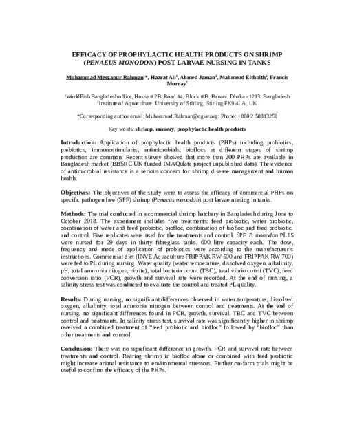 Efficacy of prophylactic health products on shrimp (Penaeus Monodon) post larvae nursing in tanks