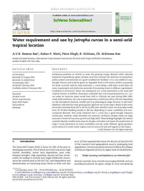 Water requirement and use by Jatropha curcas in a semi-arid tropical location