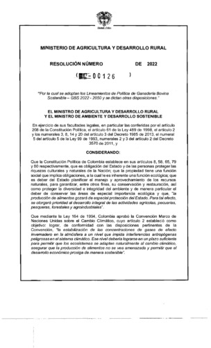 Resolución número 126 de 2022, Por la cual se adoptan los Lineamientos de Política de Ganadería Bovina Sostenible - GBS 2022 - 2050 y se dictan otras disposiciones
