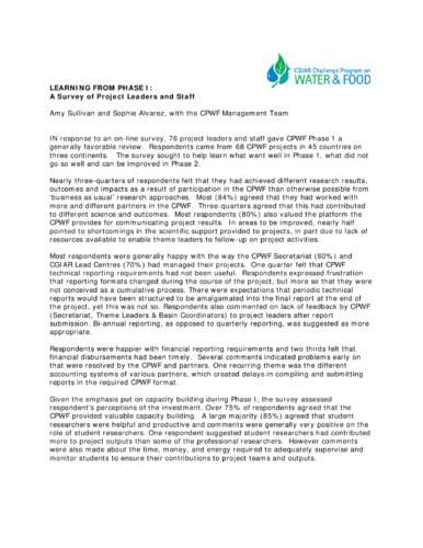 Learning from Phase I: A Survey of Project Leaders and Staff