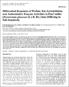 Differential Responses of Proline, Ion Accumulation and Antioxidative Enzyme Activities in Pearl millet (Pennisetum glaucum (L.) R. Br.) lines Differing in Salt Sensitivity
