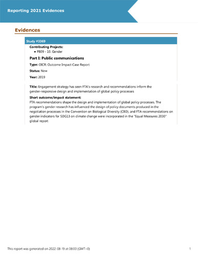 Engagement strategy has seen FTA's research and recommendations inform the gender-responsive design and implementation of global policy processes