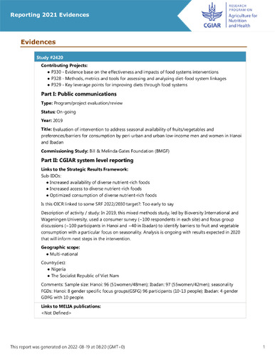 Evaluation of intervention to address seasonal availability of fruits/vegetables and preferences/barriers for consumption by peri-urban and urban low-income men and women in Hanoi and Ibadan