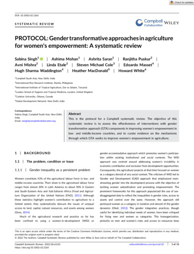 PROTOCOL: Gender transformative approaches in agriculture for women's empowerment: a systematic review