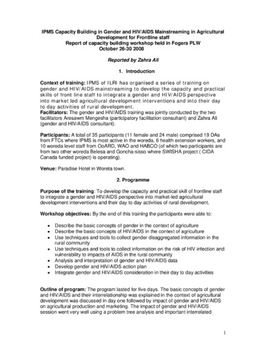 Report of the IPMS capacity building workshop on gender and HIV/AIDS mainstreaming in agricultural development for frontline staff, Fogera PLW, 26-30 October 2008