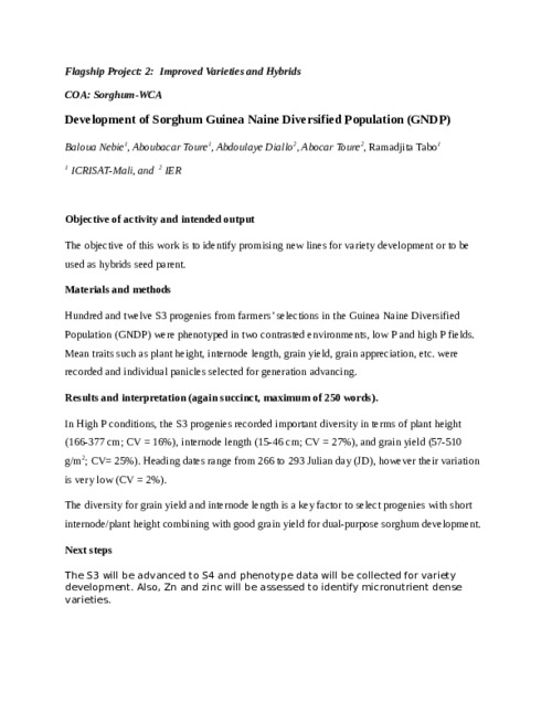 Development of Sorghum Guinea Naine Diversified Population (GNDP)