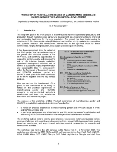Workshop report on practical experiences of mainstreaming gender and HIV/AIDS in market led agricultural development, 8-9 November 2007