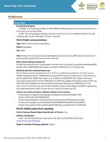 Climate-informed agriculture and participatory scenario planning (PSP) cascades to provincial plans and GCF-proposal for five provinces in Vietnam