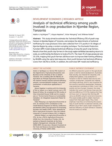 Analysis of technical efficiency among youth involved in crop production in Njombe Region, Tanzania