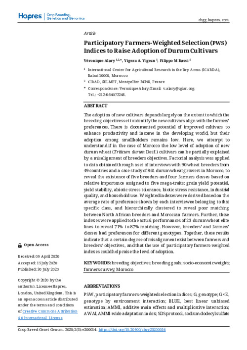 Participatory Farmers-Weighted Selection (PWS) Indices to Raise Adoption of Durum Cultivars