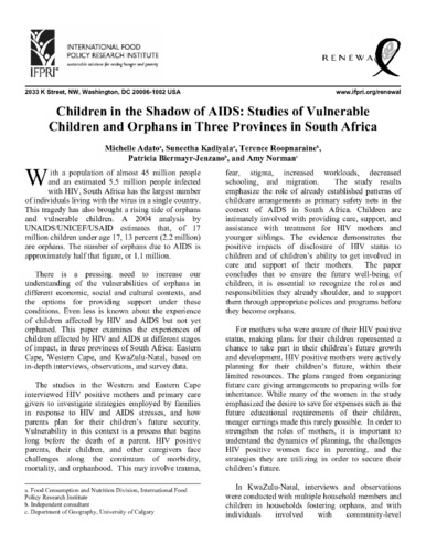 Children in the shadow of AIDS: Studies of vulnerable children and orphans in three provinces in South Africa