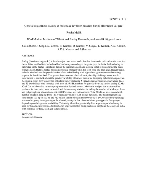 Genetic relatedness studied at molecular level for huskless barley (Hordeum vulgare)