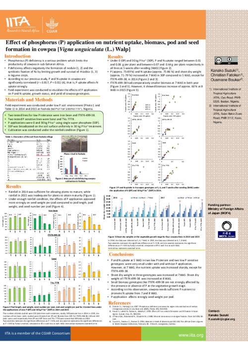 Effect of phosphorus (P) application on nutrient uptake, biomass, pod and seed formation in cowpea (Vigna unguiculata (L.) Walp))