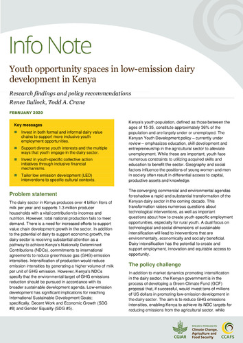 Youth opportunity spaces in low-emission dairy development in Kenya: Research findings and policy recommendations