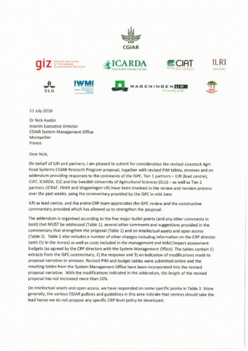 Livestock Agri-Food Systems: Full Proposal 2017-2022 Cover Letter