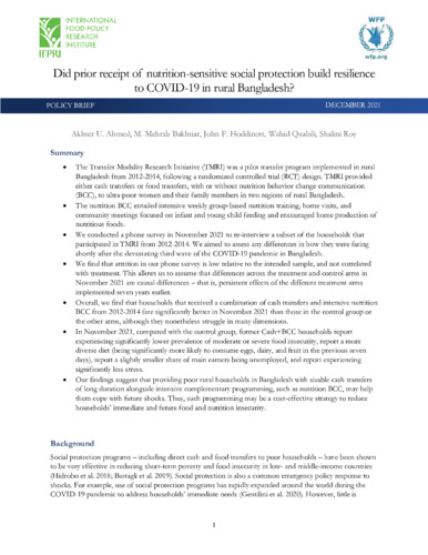 Did prior receipt of nutrition-sensitive social protection build resilience to COVID-19 in rural Bangladesh?