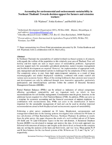 International Workshop on Nutrient Balances for Sustainable Agricultural Production and Natural Resource Management in Southeast Asia, Bangkok, Thailand, 20-22 February 2001: selected papers and presentations