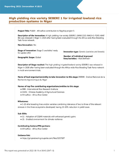 High yielding rice variety SEBERI 1 for irrigated lowland rice production systems in Niger