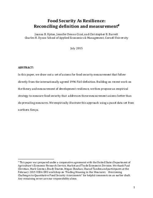 Food Security As Resilience: Reconciling definition and measurement