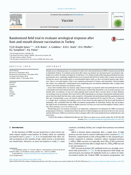 Randomised field trial to evaluate serological response after foot-and-mouth disease vaccination in Turkey