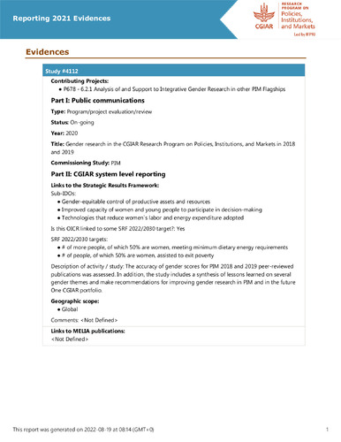 Gender research in the CGIAR Research Program on Policies, Institutions, and Markets in 2018 and 2019