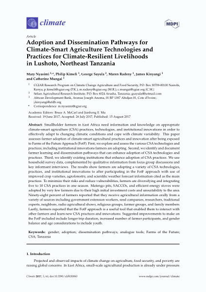 Adoption and Dissemination Pathways for Climate-Smart Agriculture Technologies and Practices for Climate-Resilient Livelihoods in Lushoto, Northeast Tanzania
