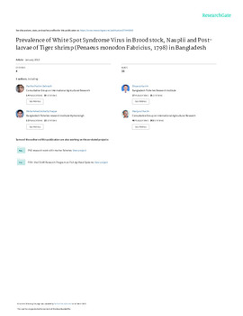 Prevalence of White Spot Syndrome Virus in brood stock, Nauplii and Post-larvae of Tiger shrimp (Penaeus monodon Fabricius, 1798) in Bangladesh