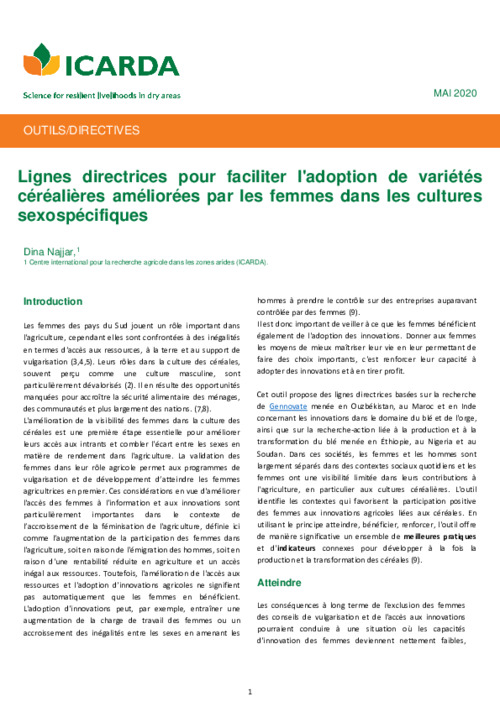 Lignes directrices pour faciliter l'adoption de variétés céréalières améliorées par les femmes dans les cultures sexospécifiques