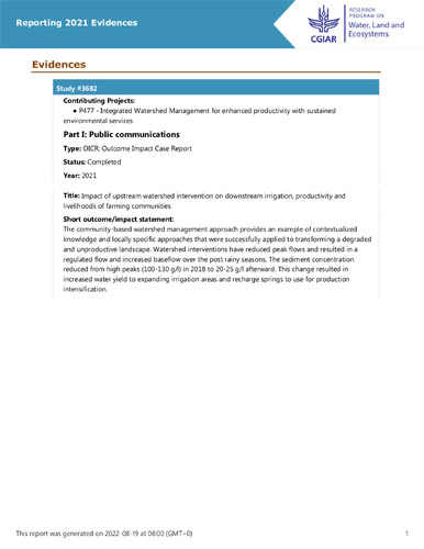 Impact of upstream watershed intervention on downstream irrigation, productivity and livelihoods of farming communities