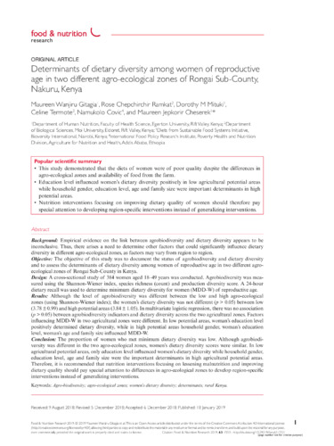 Determinants of dietary diversity among women of reproductive age in two different agro-ecological zones of Rongai Sub-County, Nakuru, Kenya