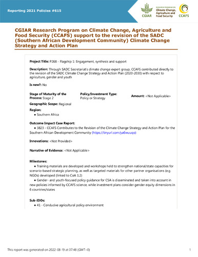 CGIAR Research Program on Climate Change, Agriculture and Food Security (CCAFS) support to the revision of the SADC (Southern African Development Community) Climate Change Strategy and Action Plan