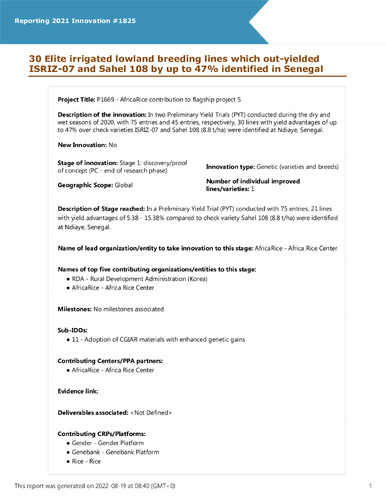 30 Elite irrigated lowland breeding lines which out-yielded ISRIZ-07 and Sahel 108 by up to 47% identified in Senegal