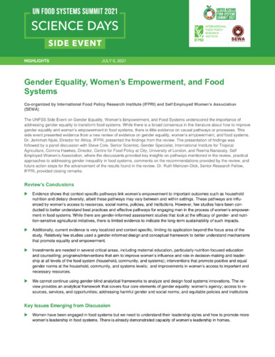 UNFSS Science Days Side Event: Gender equality, women’s empowerment, and food systems