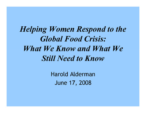 Helping Women Respond to the Global Food Crisis: What we know and what we still need to know