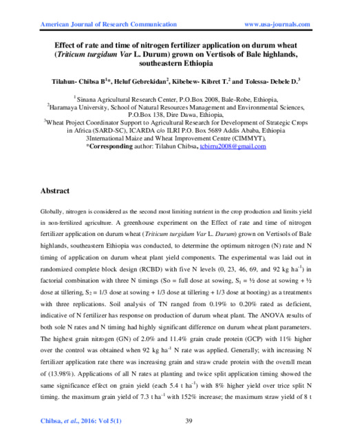 Effect of rate and time of nitrogen fertilizer application on durum wheat (Triticum turgidum L. var. durum) grown on vertisols of Bale highlands, southeastern Ethiopia