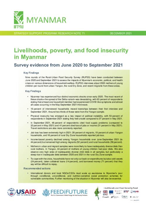 Livelihoods, poverty, and food insecurity in Myanmar. Survey evidence from June 2020 to September 2021