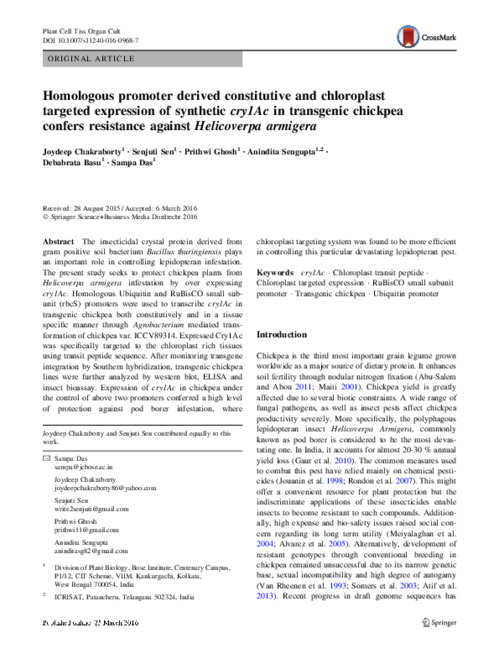 Homologous promoter derived constitutive and chloroplast targeted expression of synthetic cry1Ac in transgenic chickpea confers resistance against Helicoverpa armigera