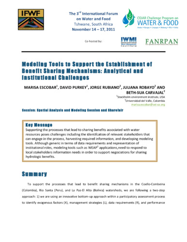 Tools to support the establishment of benefit sharing mechanisms: Analytical and institutional challenges .