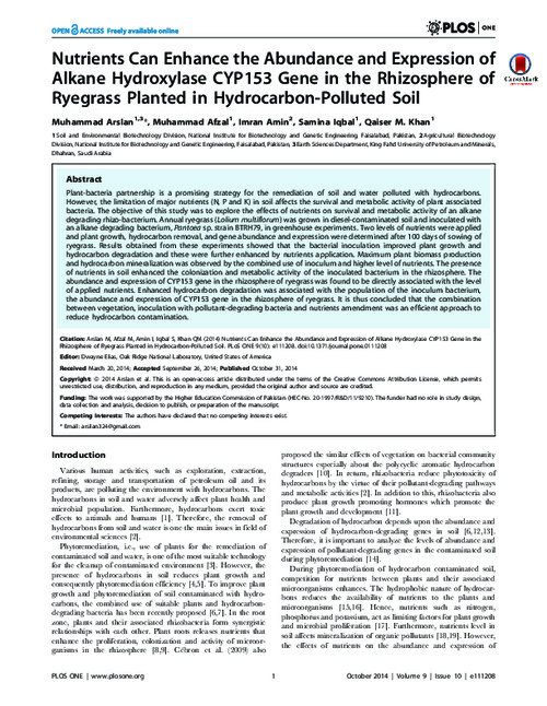 Nutrients Can Enhance the Abundance and Expression of Alkane Hydroxylase CYP153 Gene in the Rhizosphere of Ryegrass Planted in Hydrocarbon-Polluted Soil